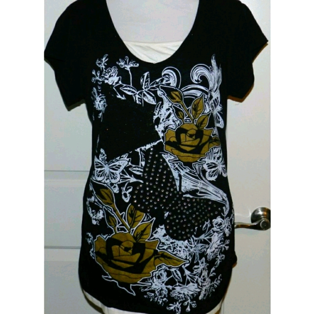 Ladies 2X graphic tee butterflies & roses golden